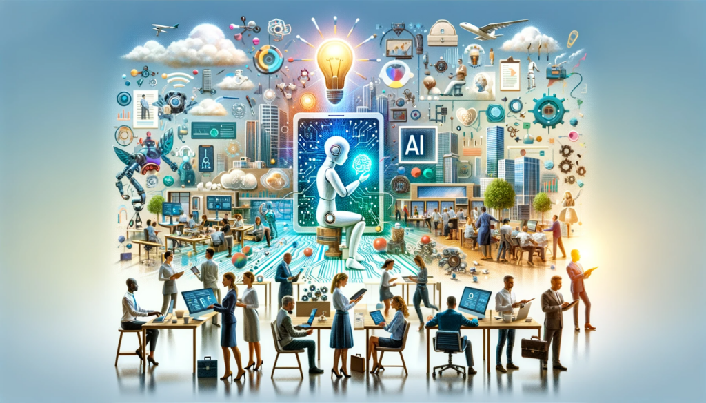  A visual metaphor for AI's impact on the future of work, showing human and AI collaboration, with imagery of people working alongside advanced technology