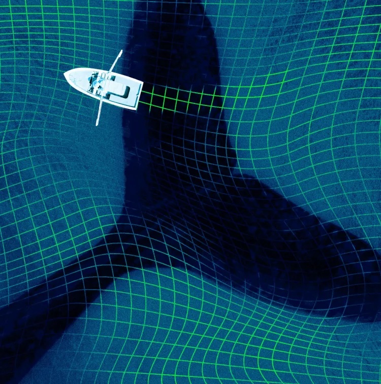 Boat scanning a large whale silhouette with digital sonar.