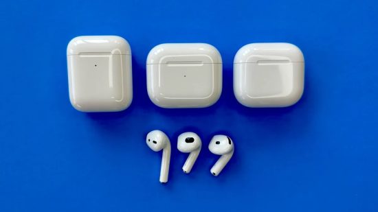 Three AirPods cases and three AirPods on blue background.