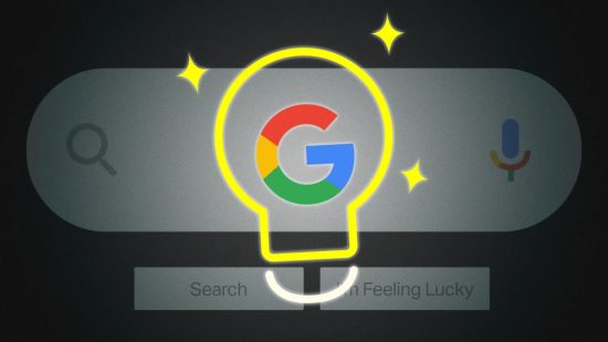 Google search bar with glowing lightbulb and sparkles.