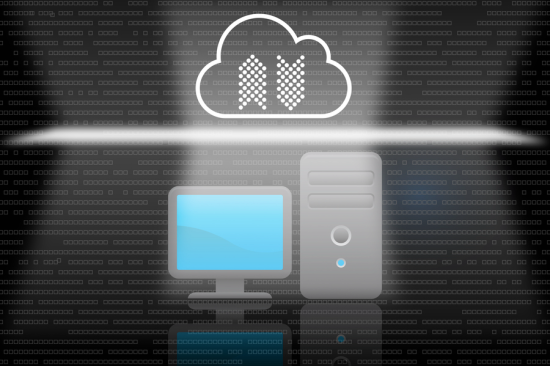 Computer server and monitor beneath cloud with quantum symbol.