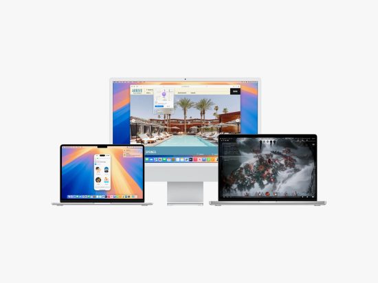 Three Apple Mac devices displaying macOS Sequoia interface and applications.