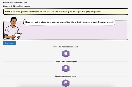 Character Noah learning about linear regression for property price prediction.