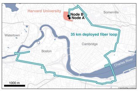 Map showing 35 km fiber loop in Cambridge.