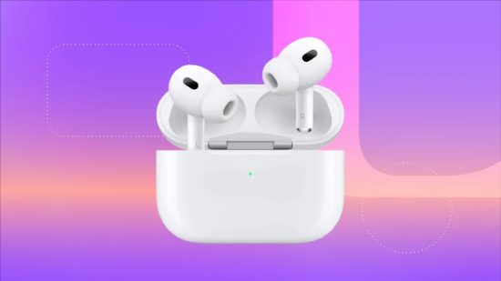 AirPods over a colorful background.