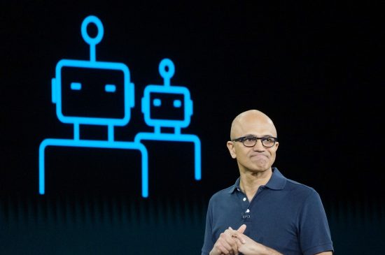 Satya Nadella presenting tech innovations.