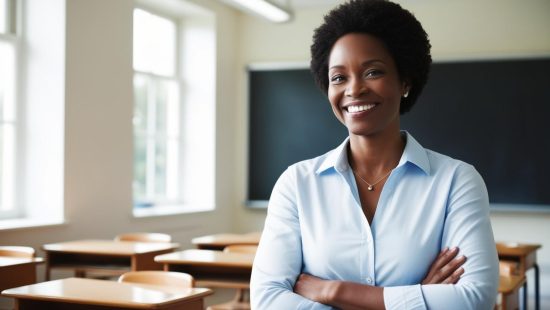 Teacher smiling in front of blackboard.